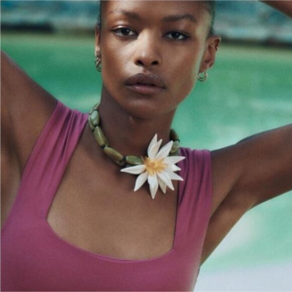 Bohemian Green Beaded White Flower Bamboo Necklace Choker